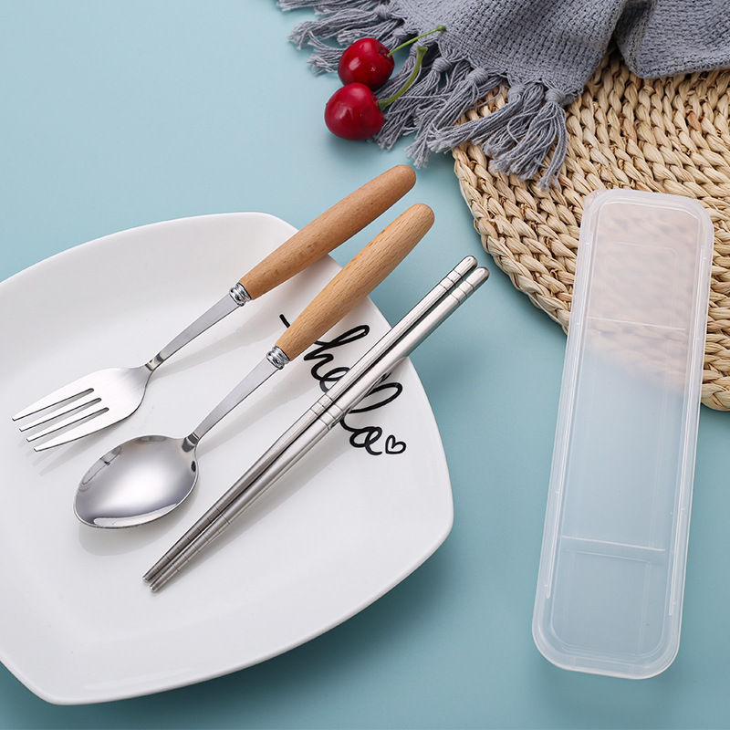 Beech Handle Tableware suit Stainless Steel Spoon Fork Chopsticks suit Student Outdoor Gift Tableware Box Three-piece Set Wholesale