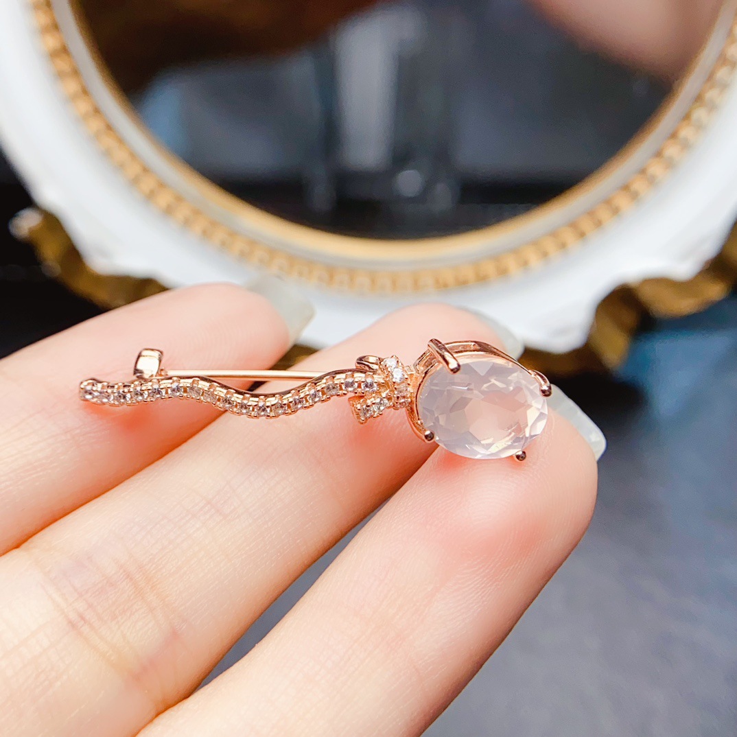 New natural pink crystal brooch S925 silver inlaid main stone 8*10mm Joker net red explosions women's jewelry wholesale