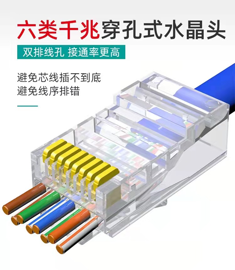 Factory direct supply Gigabit through hole unshielded 8p8c network cable connector six types of through hole Crystal Head RJ45 Crystal Head