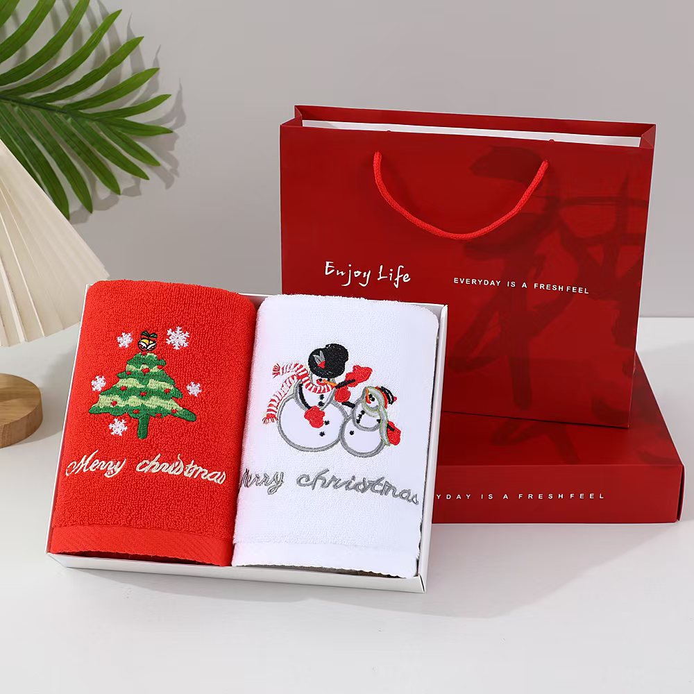 Christmas towel suit gift cotton Christmas theme embroidery towel Santa Claus foreign trade kitchen towel logo