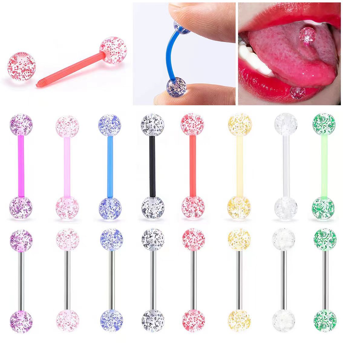 Перекрестная торговля горячий УФ стальной стержень пайетки языковой ноготь акриловое кольцо для языка кольцо для груди ювелирные изделия пирсинга оптом