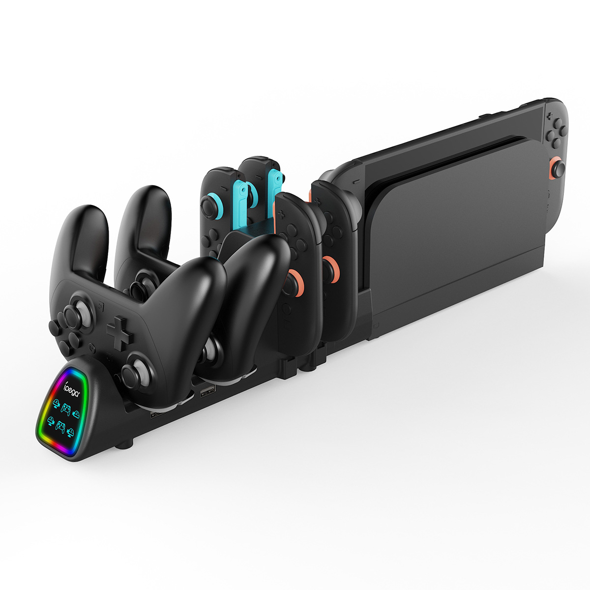 Switch2 10-in-1 Charging Stand USB Direct Plug 10-Slot Multi-Handle Simultaneous Charging Colorful Light Effect Docking Station