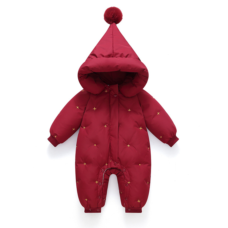 2025 Комбинезон для мальчиков и девочек, детская пуховка, утепленный костюм для новорожденных, красный новогодний комплект
