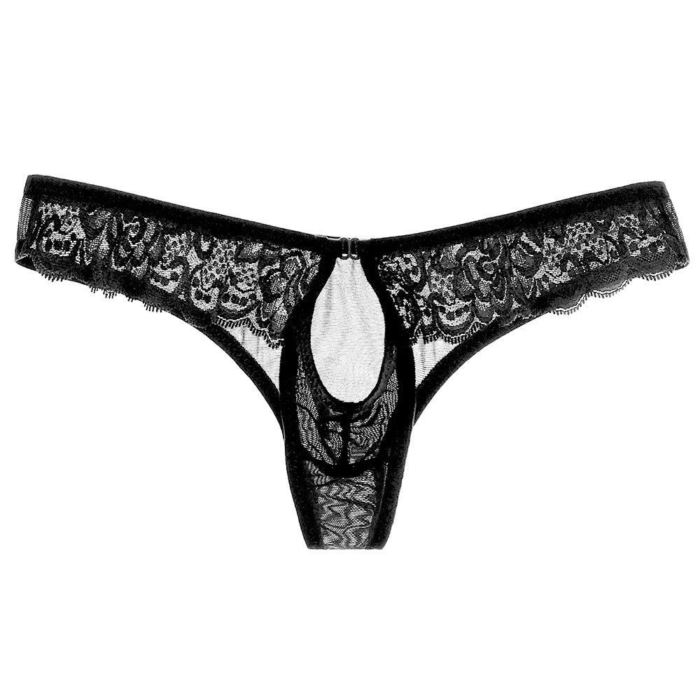 Men's Underwear with Front Holes U Convex Bag Lace Flower Mesh Transparent Sexy Underwear Men's Thong T-Pants 2030