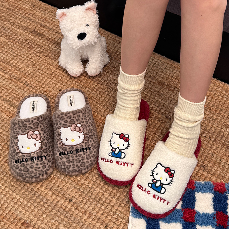 Authentic Kitty Cotton Slippers for Women Winter Indoor Household Non-Slip Warm Fleece-Lined Cartoon Sanrio Furry Slippers
