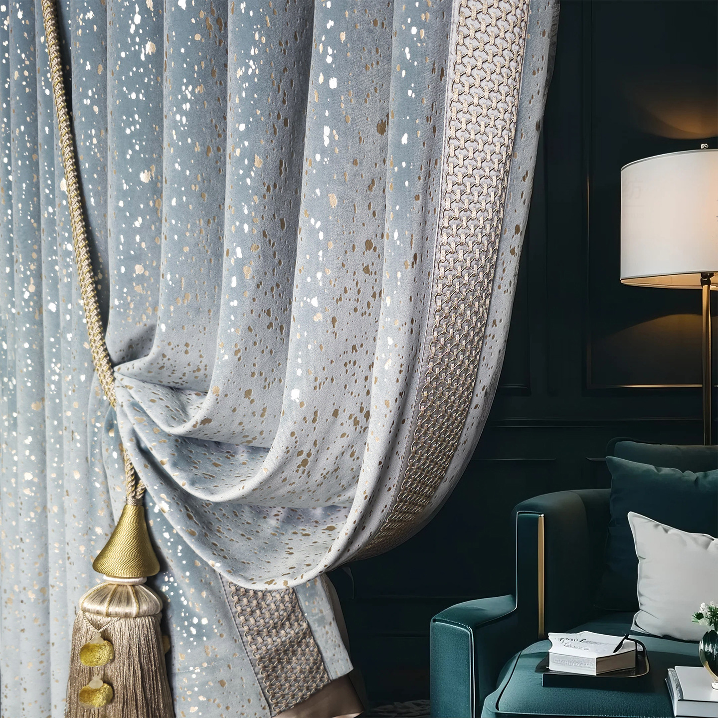 Современные светло-синие бархатные легкие роскошные шторы для спальни, полная затемняемость, вилла, высококачественное и роскошное ощущение