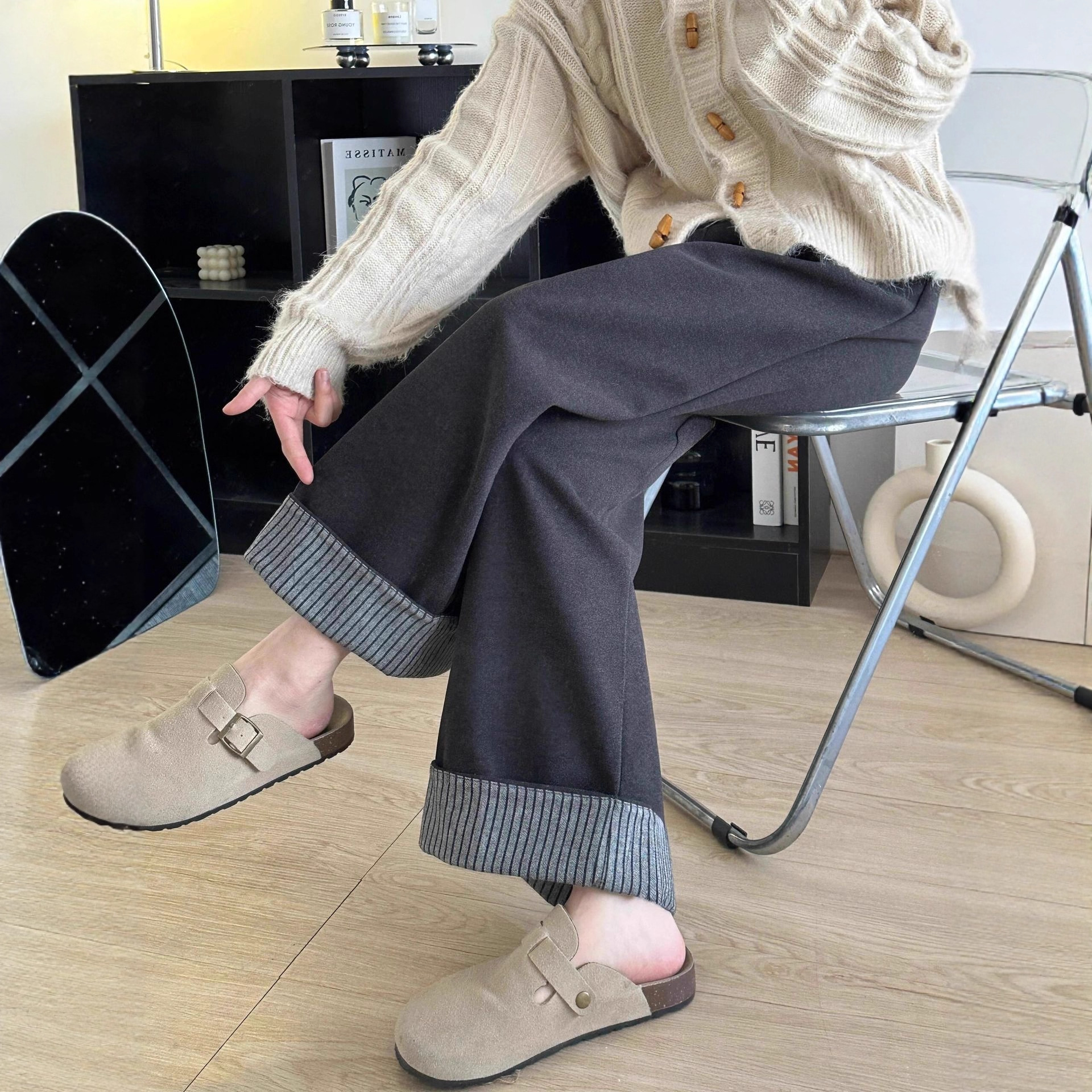 Темно-серые шерстяные брюки для женщин с грушевидной фигурой, осень и зима, с флисовой подкладкой для полных девушек, высокая талия, свободные, стройнящие, широкие брюки