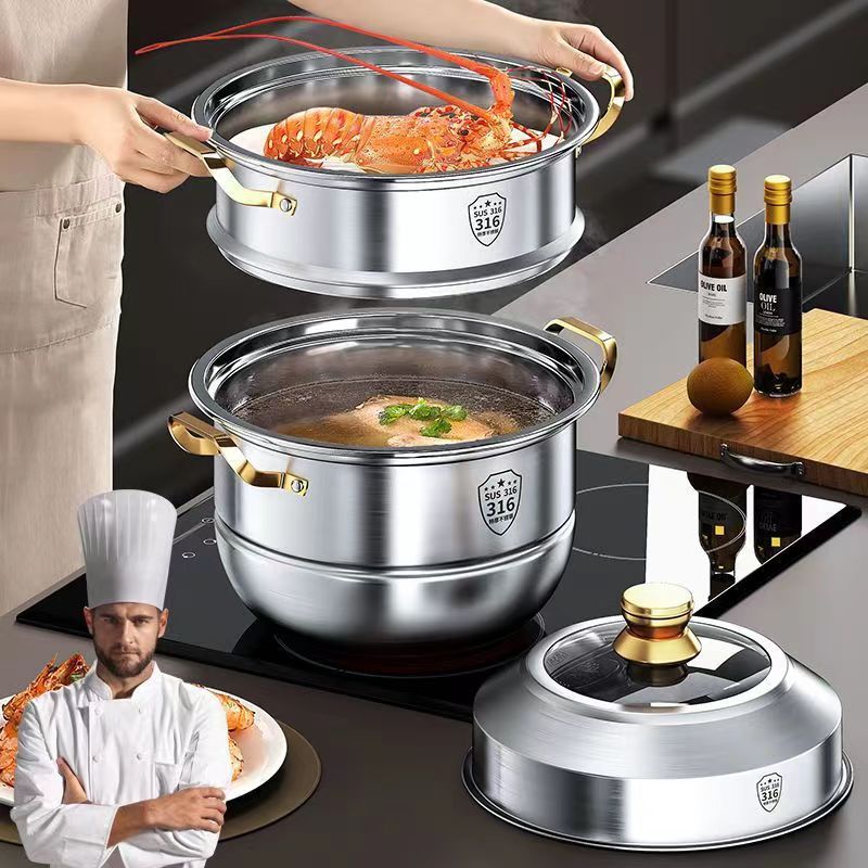 Steamer 316 Stainless Steel Household Food Grade 304 Thickeneded Soup Pot Steamed Buns Double-Layer Three-Layer Induction Cooker Universal