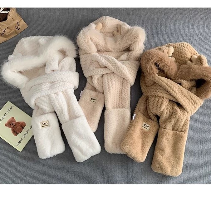 Dragon Horn Hat, Scarf, Gloves, One-Piece Thickeneded Plush Scarf, Longbao Three-Piece Set, Autumn and Winter Outdoor Cold Protection Artifact