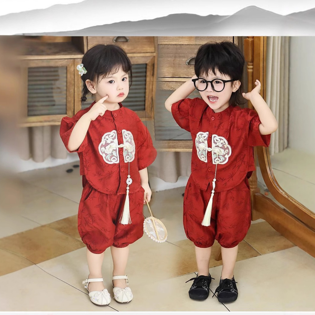 Детский китайский комплект из двух предметов, новый костюм для мальчиков тан, летний комплект для девочек, летний гуофэн, короткий рукав ханфу