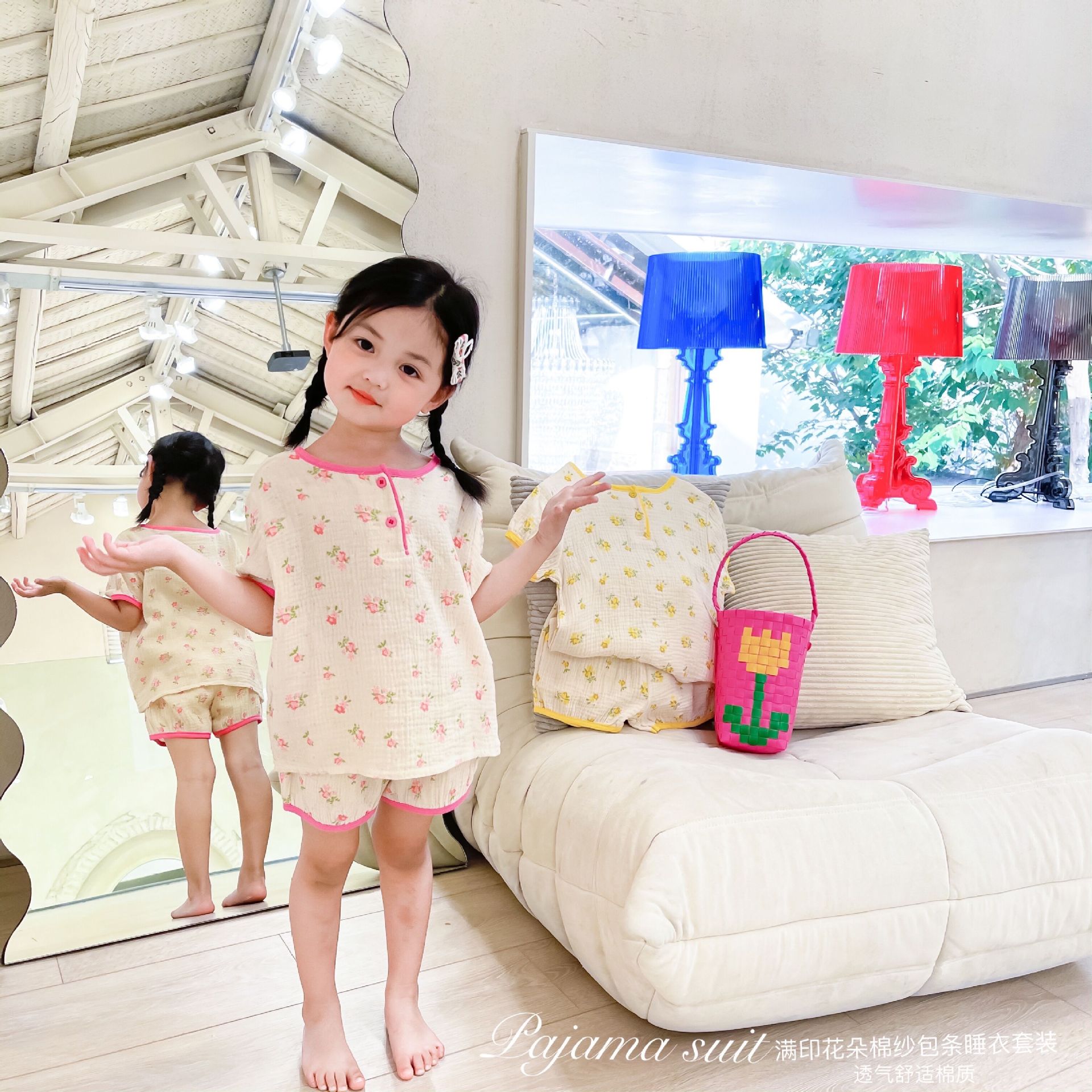 Детская одежда из хлопкового пряжи, корейская, летняя, полностью принтованная, цветочная, с коротким рукавом и шортами, домашняя пижама