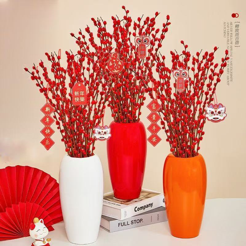 Silver Willow Real Flower Fresh Branches Living Room Red Dried Branches Flowers with Buds Ornaments New Year's Eve Florals Indoor Hydroponic Green Plants