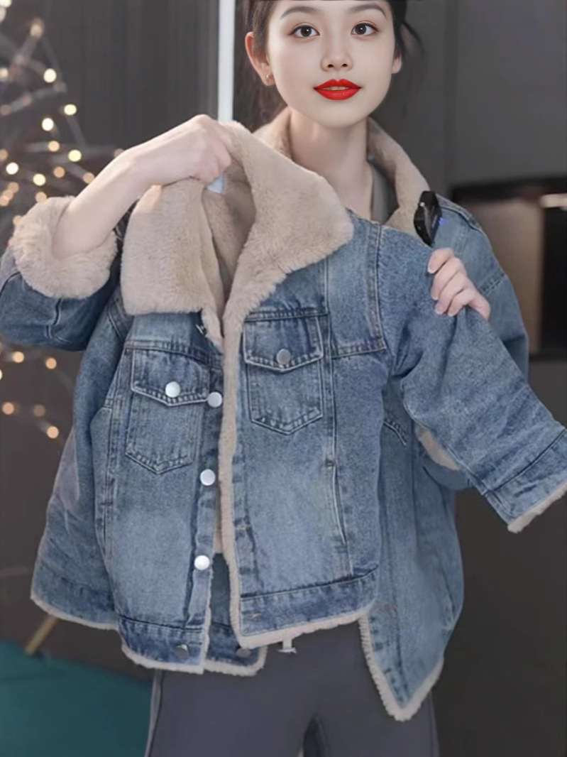 Girls' Western Style Loose fleece-lined Winter Denim Coat Baby Girl 2023 New Thickened Winter Coat Korean Fashionable
