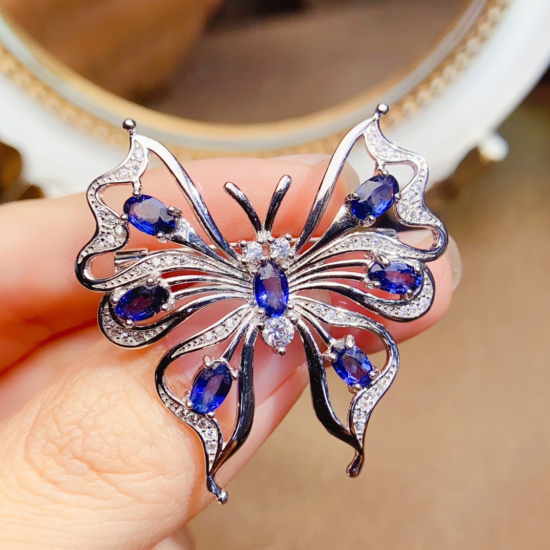 Factory Wholesale Popular Natural Sapphire Brooch S925 Silver Inlaid Main Stone 3*5 Hot Selling European and American Dropshipping