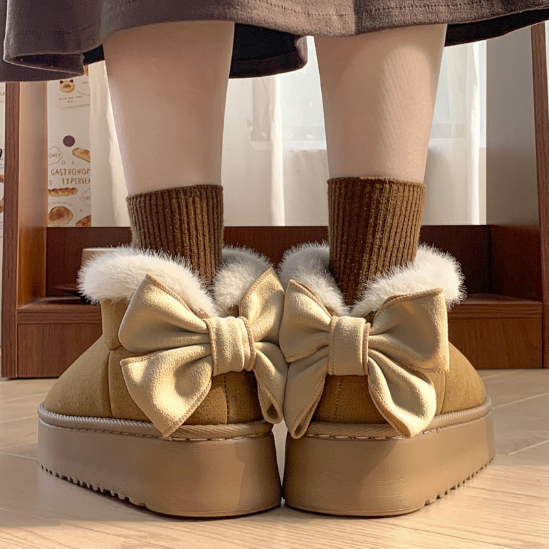 New Mao Mouth Bag with Bow Cotton Shoes Women's Winter Thick Sole Increased All-match fleece-lined Warm Snow Boots for Outer Wear