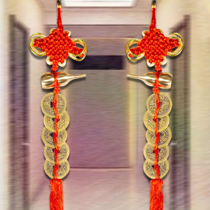 Five Emperors Money Door to Door Pendant Pure Copper Gourd Chinese Knot Hanging Decoration Bedroom Living Room Peach Wood Decoration Auspicious Five Emperors Money