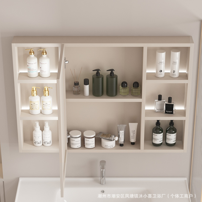 Bathroom mirror cabinet space aluminum wall-mounted storage mirror cream style combination toilet simple wall-mounted hotel mirror box