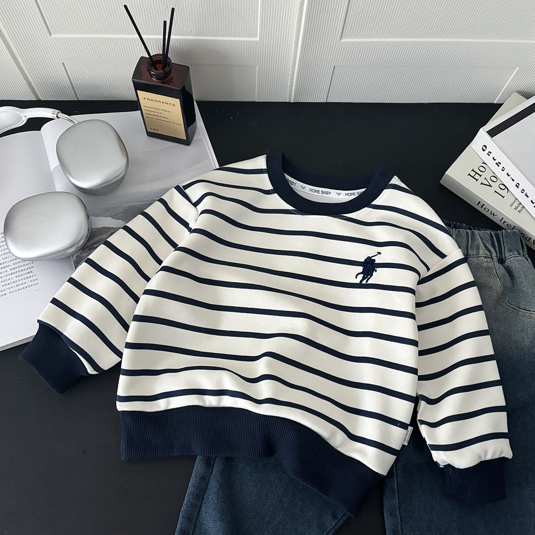 2025 New Embroidered Striped Sweatshirt for Boys and Girls, Fashionable Round Neck Pullover Long-Sleeved Korean Style Top for Small and Medium-Sized Children