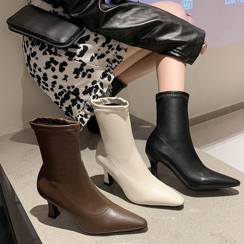 Pointed Toe Genuine Leather Short Boots for Women 2025 New High Heels Autumn and Winter High Heels Slim Boots Stiletto Heels Simple Elastic Boots Korean Version