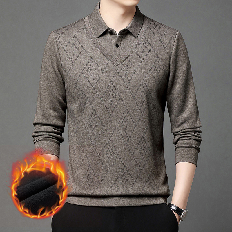 Men's fleece-lined fake two-piece men's autumn and winter new polo middle-aged dad warm base shirt a wholesale