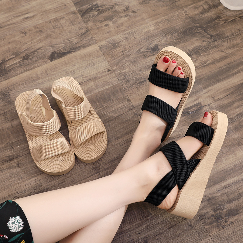 Summer new platform outdoor slippers imitation straw simple pastoral seaside holiday beach shoes plus size slippers