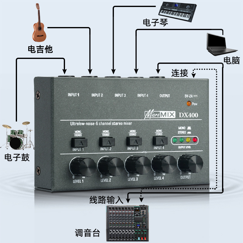 Four-Way Audio Mixer with Mono Stereo Switching Mini Signal Mixer Small Audio