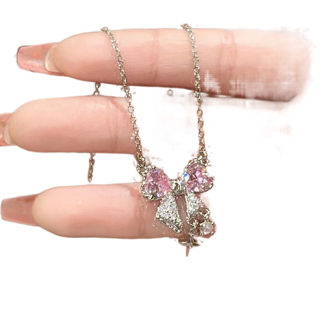 Popular online celebrity pink bow necklace ins student sweet cool girl clavicle chain all-match light luxury High sense summer
