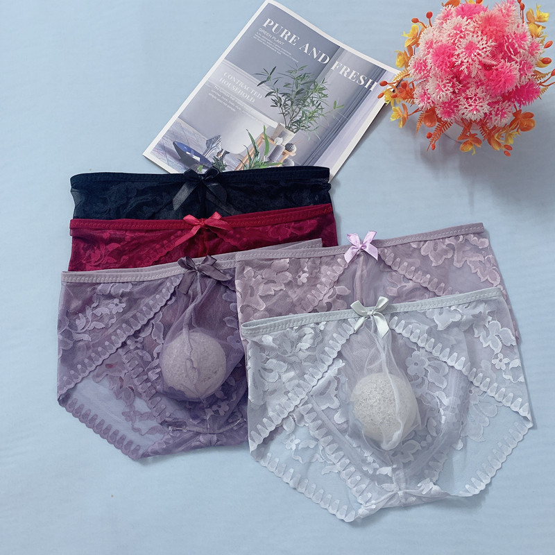 Explosive Ins Style Sexy Seductive Traceless Briefs Transparent U-Convex Distinctive Lace Men's plus size High-end Underwear