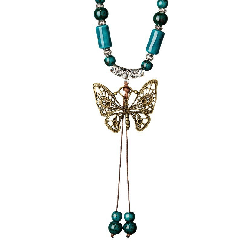 Jingdezhen Ceramic Jewelry Butterfly Wool Chain Long Necklace Clothes Pendant Long All-match Ethnic Women