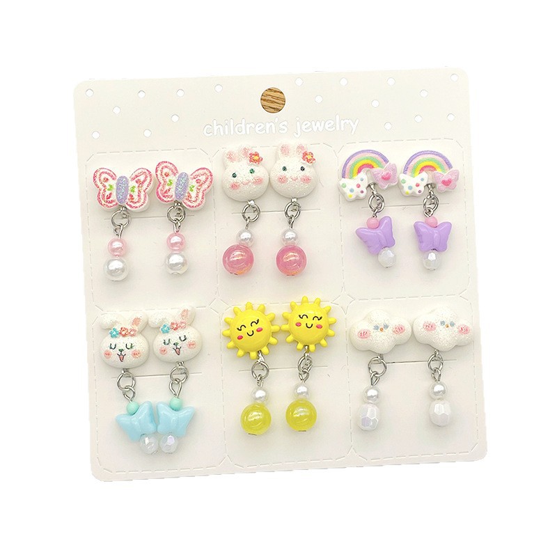 [Can] Cross-Border Best-Selling Kidsren's Cartoon Long Anti-Pain Ear Clips Six Pairs Set Little Girl Gift Earrings