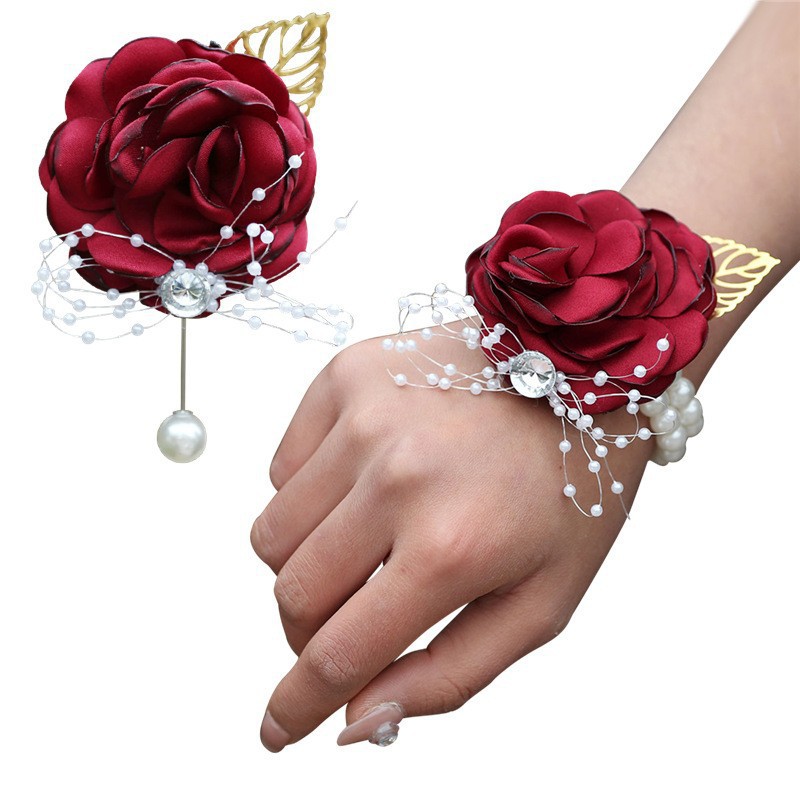769 Wedding Corsage Wholesale Wrist Flower Pearl Rhinestone Corsage Bride Groom Pin Satin Rose Gold Leaf