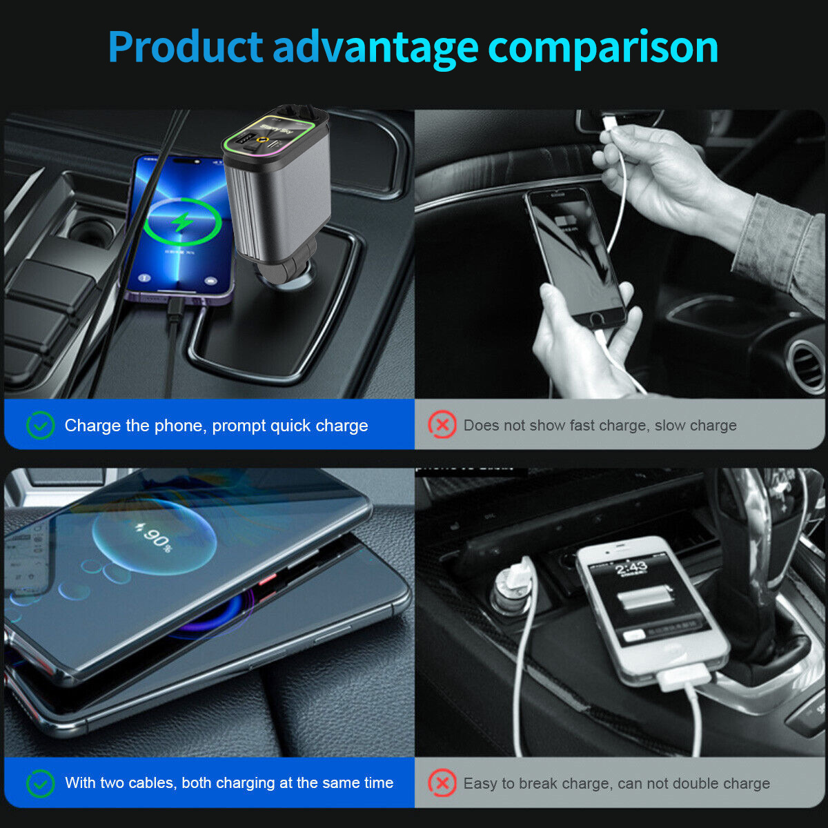 Cross-Border Car Charger Starry Sky Atmosphere Light Car Super Fast Charging Flash Charging Retractable Cable Four-In-One Cigarette Lighter B1