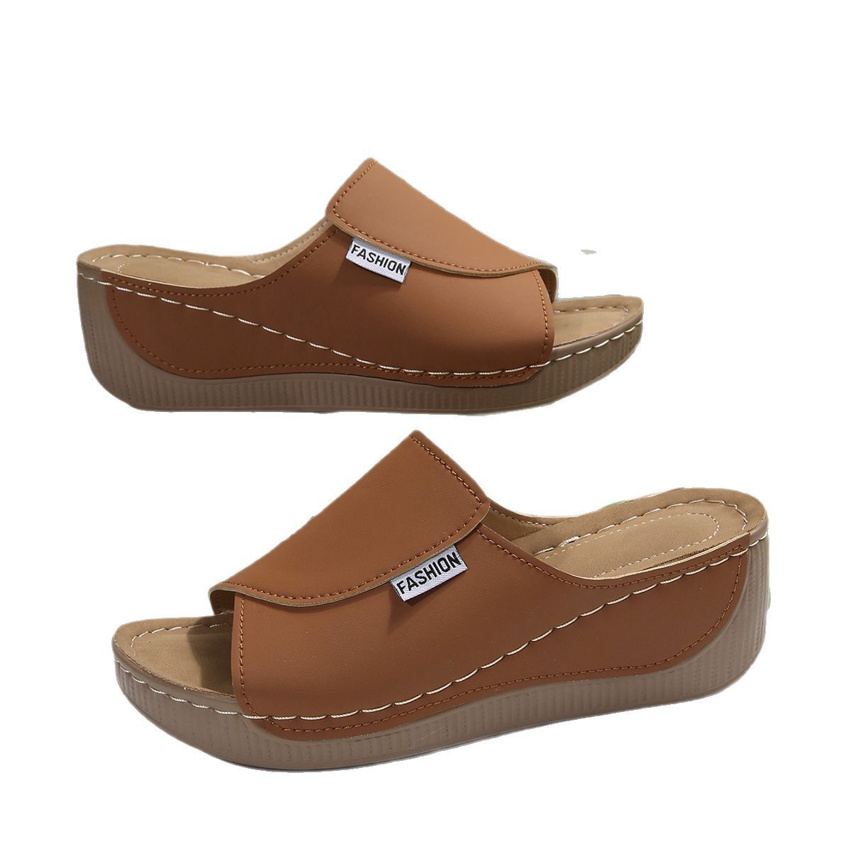 Cross-Border Large Size Thick-Soled Casual Slippers Women's Shoes 2025 New Wide Strip Simple Fashion Fish Mouth Wedge Sandals