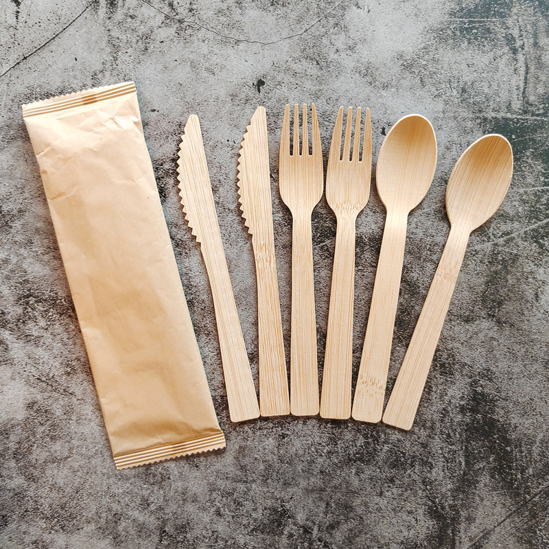 Bamboo disposable spoon Knife and Fork set degradable takeaway tableware bag 17cm bamboo knife bamboo fork wholesale printable LO