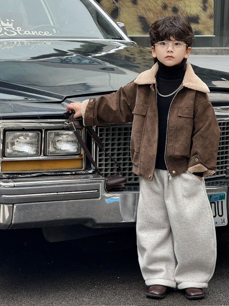 Boys' Fur Collar Jacket 2025 Autumn and Winter New Style Fleece-Lined Thickened Children's Leather Jacket Stylish Trendy One-Piece Wholesale