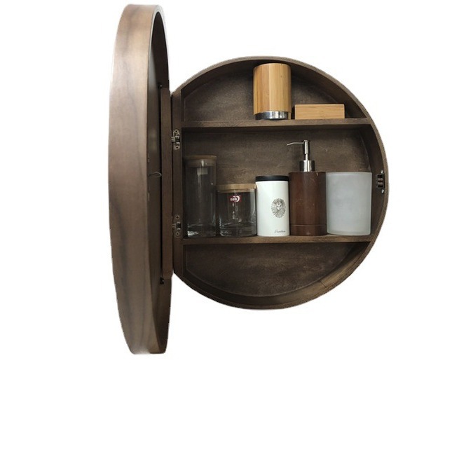 Round bathroom mirror cabinet with light solid wood smart mirror box anti-fog storage bathroom makeup wall hanging round mirror wall-mounted
