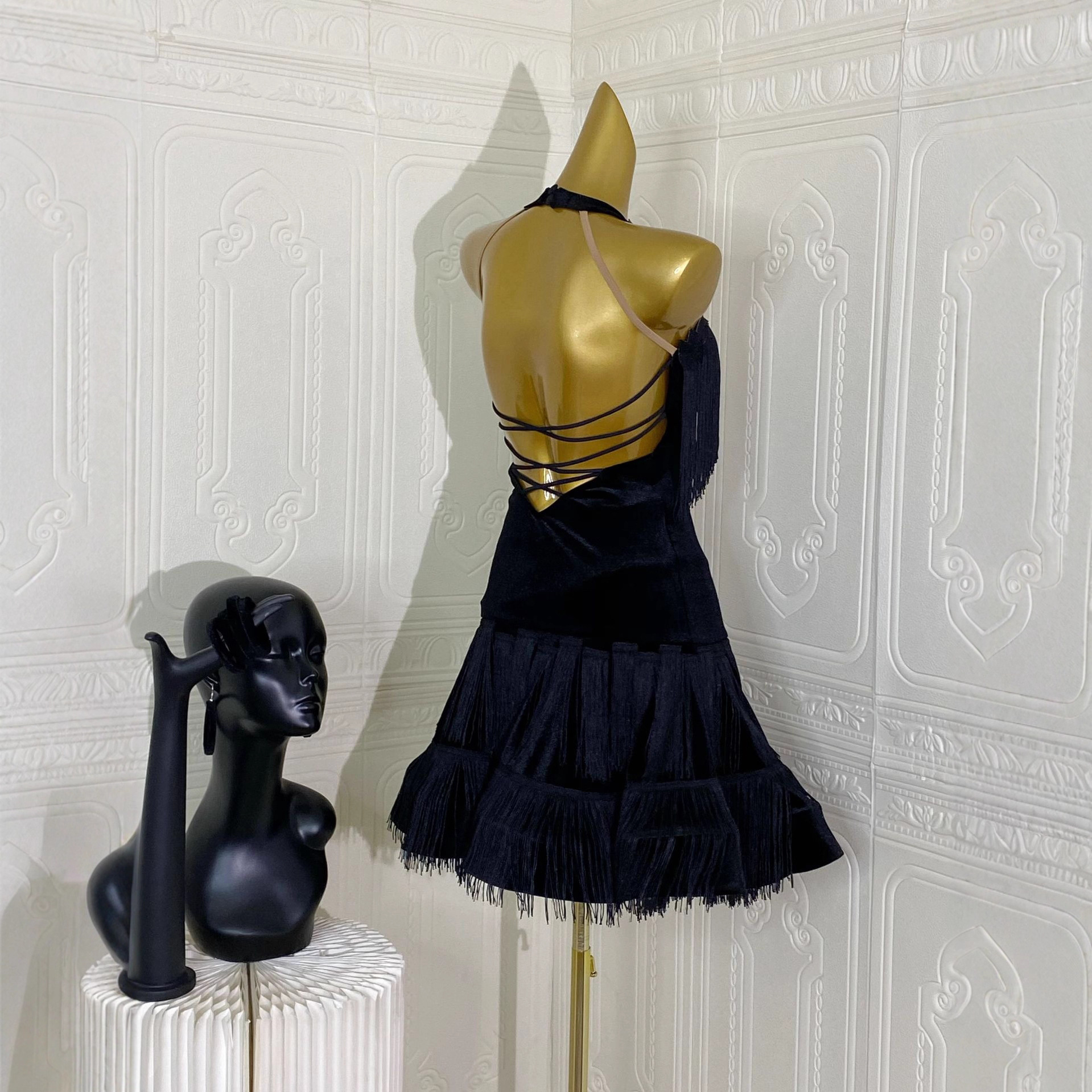 Cross-Border Amazon New European and American Sexy Tassel Splicing Backless Dance Skirt Deep V Neck Dress Latin Dance Clothing