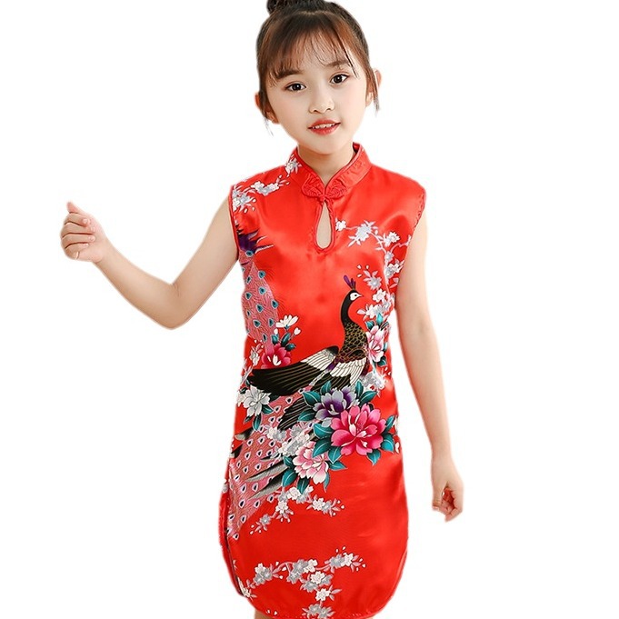 Classic Girls Red Cheongsam Kidsren's Peacock Children's Day Performance Clothing Chinese Style New Year Kidsren's Clothing Performance Clothing Spring and Summer