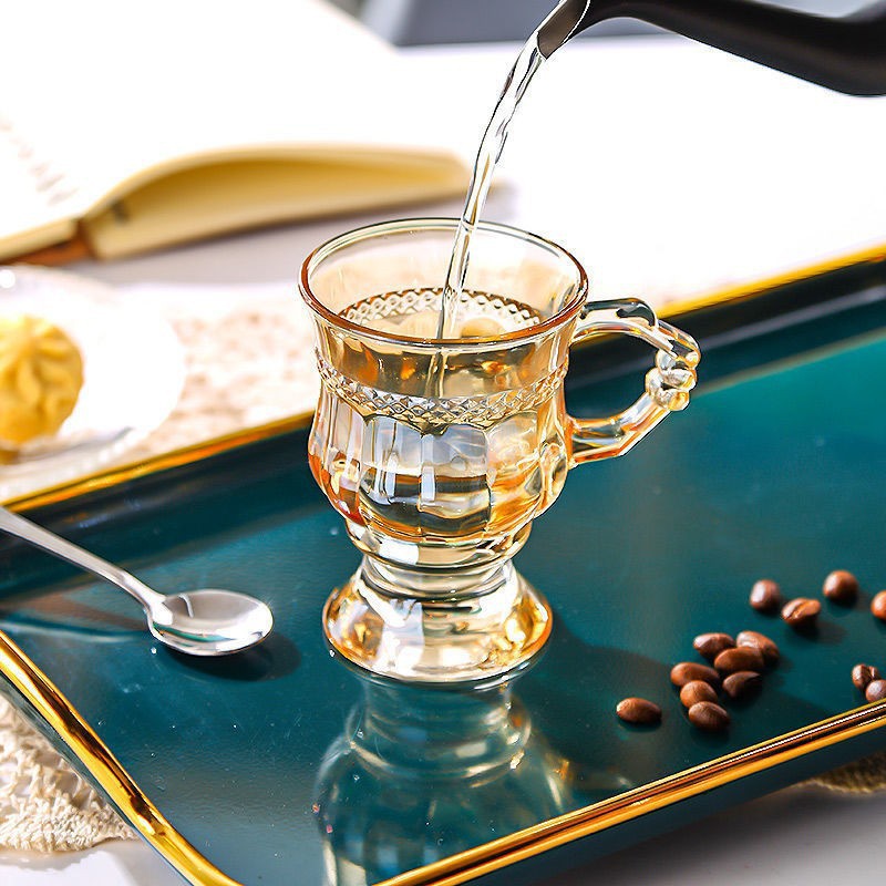 Ins Vintage Anaglyph Glass with Handlebar High-foot Amber Cup High-value Girl's Heart Accompanying Wine Cup Coffee Cup