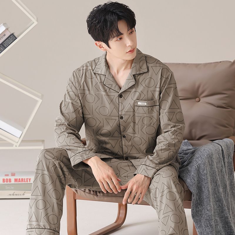 100% Cotton Pajamas for Men Spring and Autum Long-Sleeved Large Size 2025 New Home Clothes Autum and Winter Styles Can Be Worn Outside and Given to Dad