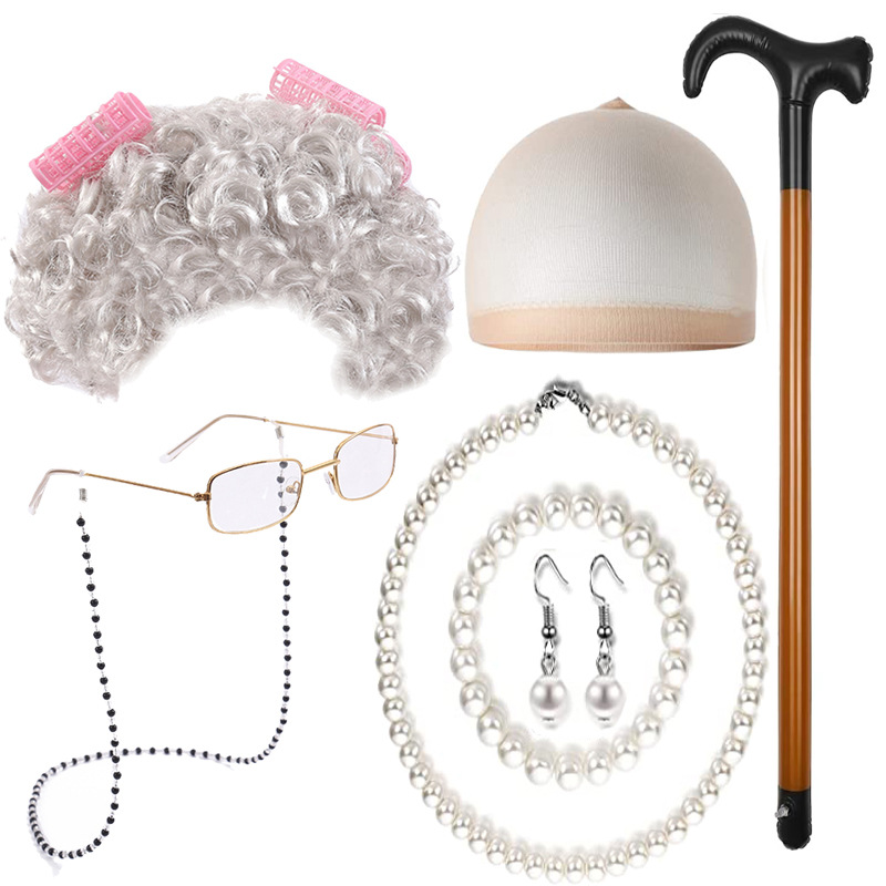 Amazon Hot Sale Gray Old Woman Wig Halloween Old Lady Short Curly Hair Old Grandpa Granny Wig