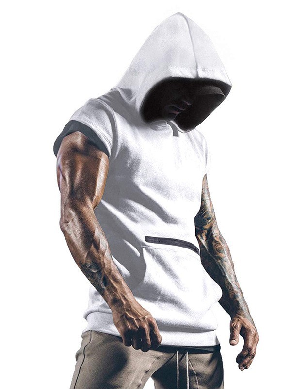 Summer New Cross-border Men's Short-sleeved Solid Color Casual Hooded Men's T-shirt Solid Color Small Twill Zipper T-shirt