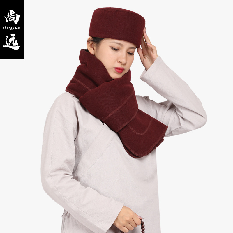 Shangyuan Plush Hat and Scarf Two-Piece Set Warm Monk Hat and Scarf Chinese Style Retro Velvet Hat and Scarf