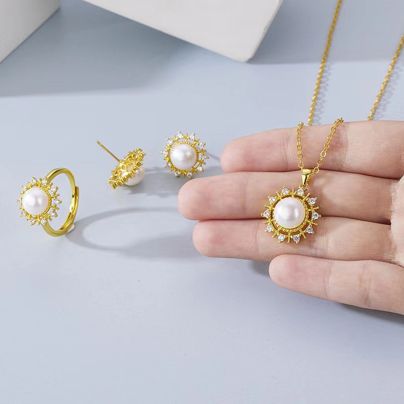 Корейская версия ретро легкой роскошной универсальной моды комплект из трех частей с кольцом, серьгами и подвеской из пресноводных жемчужин для женщин