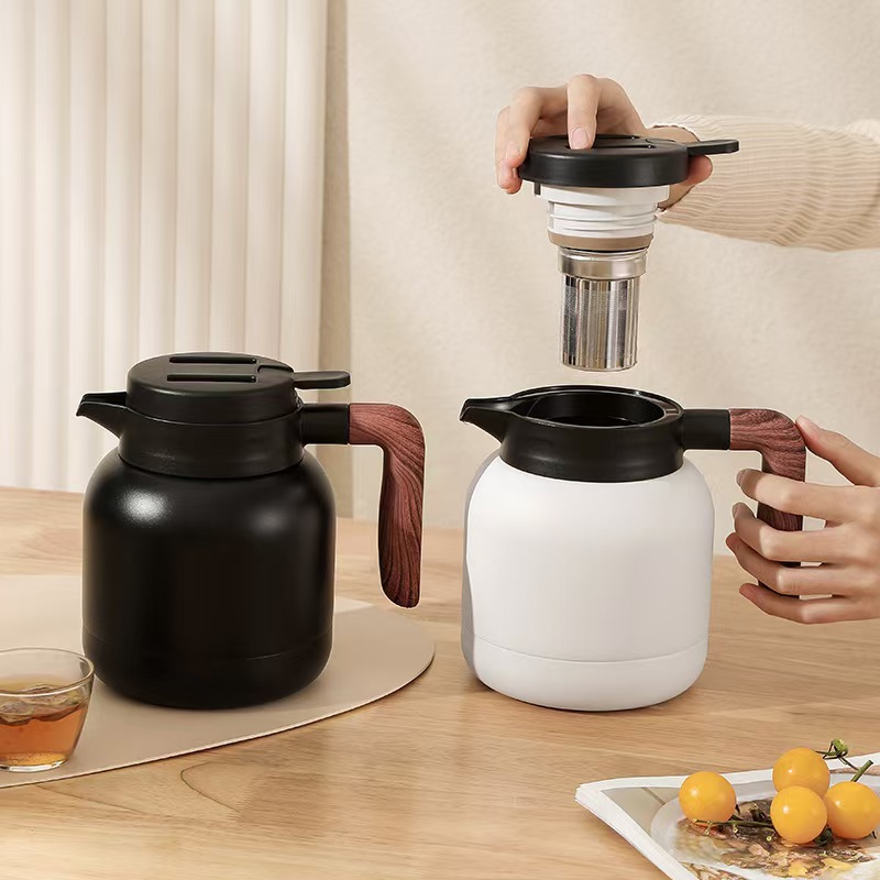 Large-Capacity Wood Grain Handle Office Tea Water Separation Stewing Teapot Household Portable Insulated Kettle Portable Frosted Texture