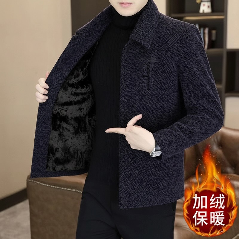 Fleece-Lined Thick Men's Wool Coat 2025 Autumn Men's Jacket Middle-Aged Business Casual Stand Collar Dad Jacket