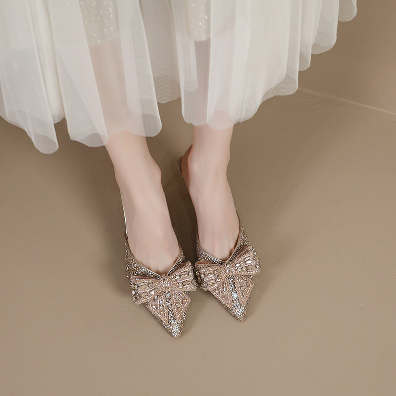 Rhinestone Bow Baotou Half Slippers Women's Summer Outer Wear 2024 New Pointed Thin Heel High Heel Elegant Sandals