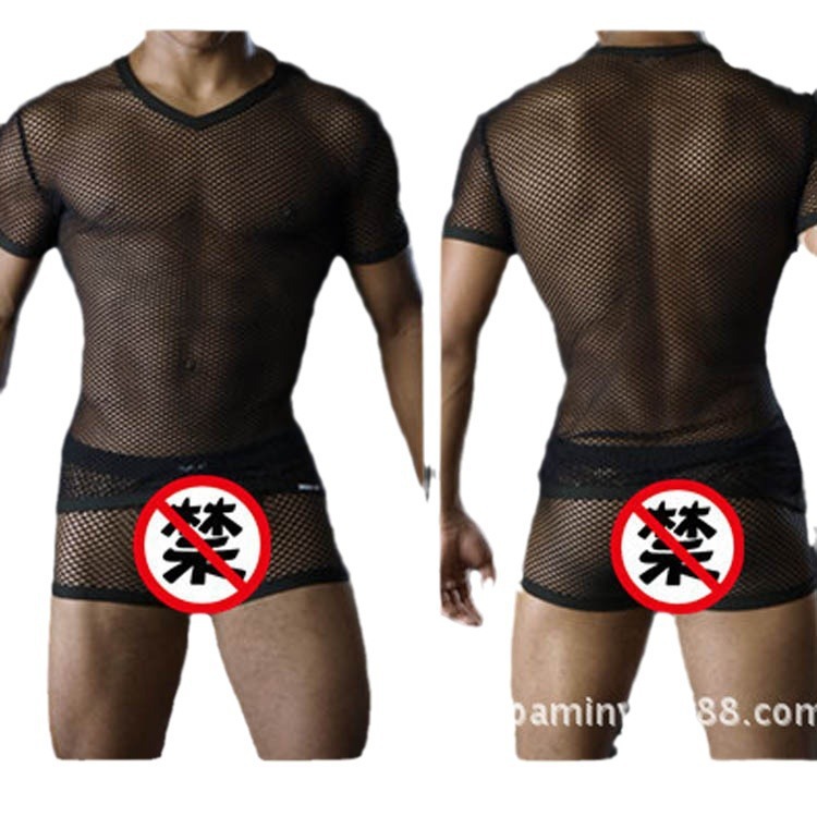 Factory Direct Sales Men's Short-Sleeved Sexy Transparent Large Hole Mesh Breathable Shirt Fashion Nightclub Performance Clothing