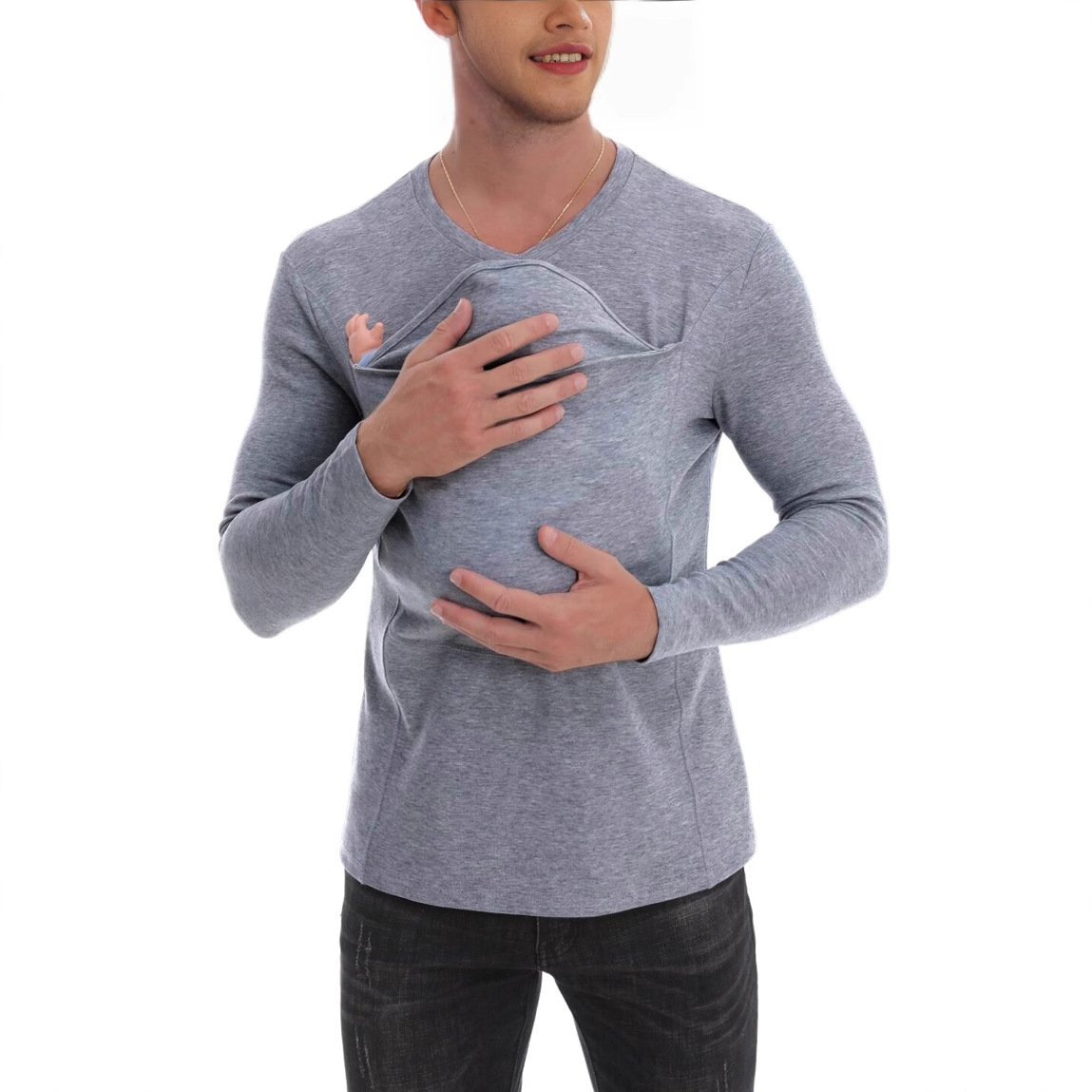 European and American Amazon Pure Cotton Thickeneded New Version High Quality Kangaroo Dad Kangaroo Mom Multifunctional T-Shirt Long Sleeve Style