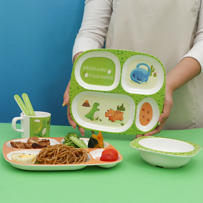 Melamine children's dinner plate compartment tableware suit cute baby dinosaur series dinner plate eating food supplement bowl drop-resistant bowl
